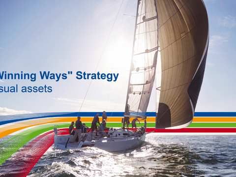 EN: People on a sailing boat in the ocean, under a bright sky, surrounded by a key visual of four lines in blue, orange, green and red (photoshopped) DE: Menschen auf einem Segelboot im Ozean, unter strahlendem Himmel, umgeben von einem Key Visual mit vier Linien in Blau, Orange, Grün und Rot (mit Photoshop bearbeitet)